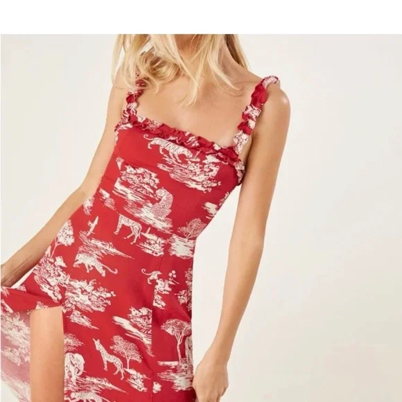 Reformation Red Toile Midi Dress with Safari Cream Print Sz 4 - Picture 2 of 13